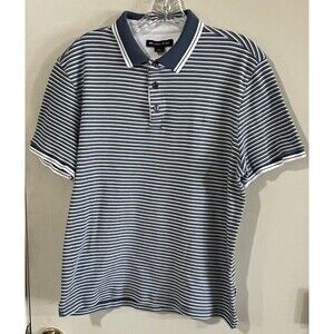 Michael Kors Polo Shirt Mens Large Blue Stripe MK Logo Short Sleeve Casual